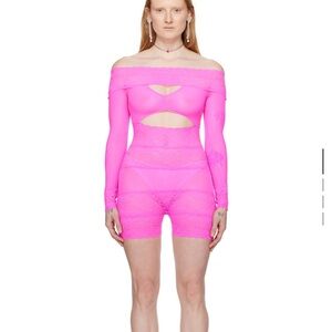 POSTER GIRL Neon Pink Off-Shoulder Jumpsuit